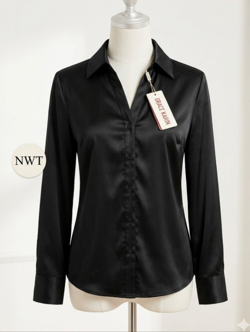 NWT Grace Karin Black Satin Button Down Blouse Shirt Medium M